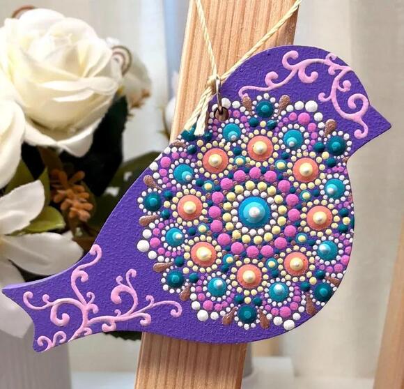Bird Shaped Mandala Ornament Dot Art: Hand-Painted Acrylic Purple Ornament - Picture 1 of 6